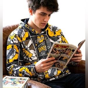 Drill Clothing Company Oh Snap Pop-Art Comic Print Hoodie - Gray & Yellow L NWT